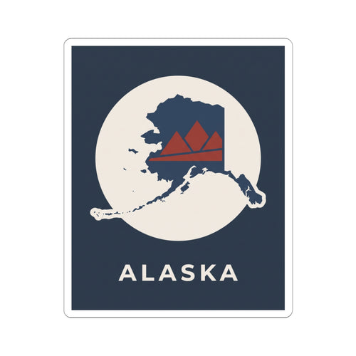 Alaska map badge sticker with retro mountain in red and navy on cream circle