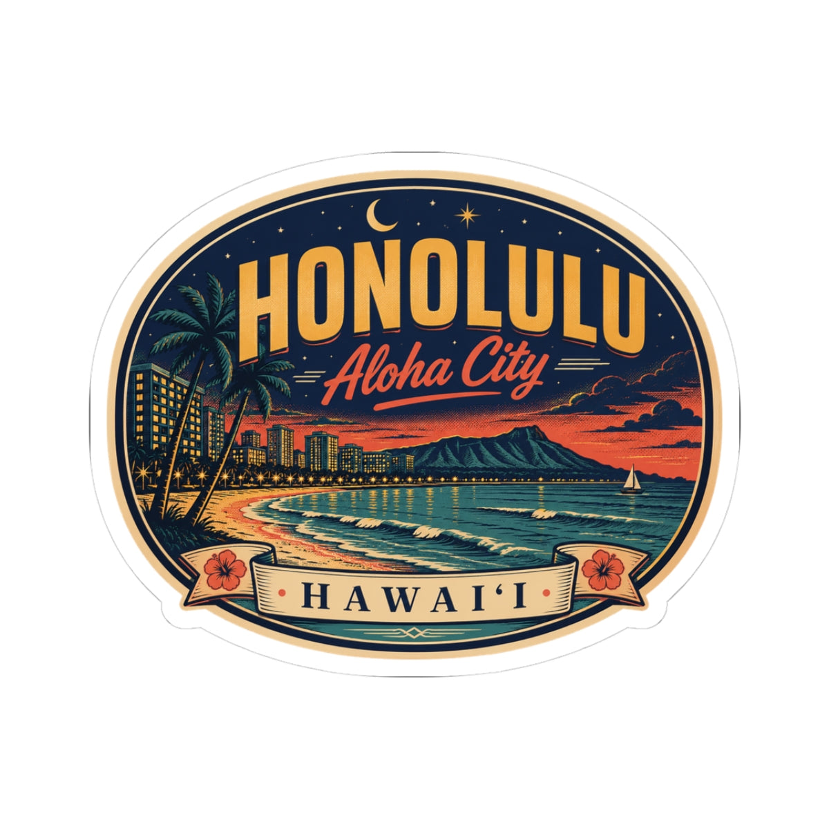 Honolulu luggage tag sticker: beach sunset scene with 'Aloha City' and 'Hawai‘i' text