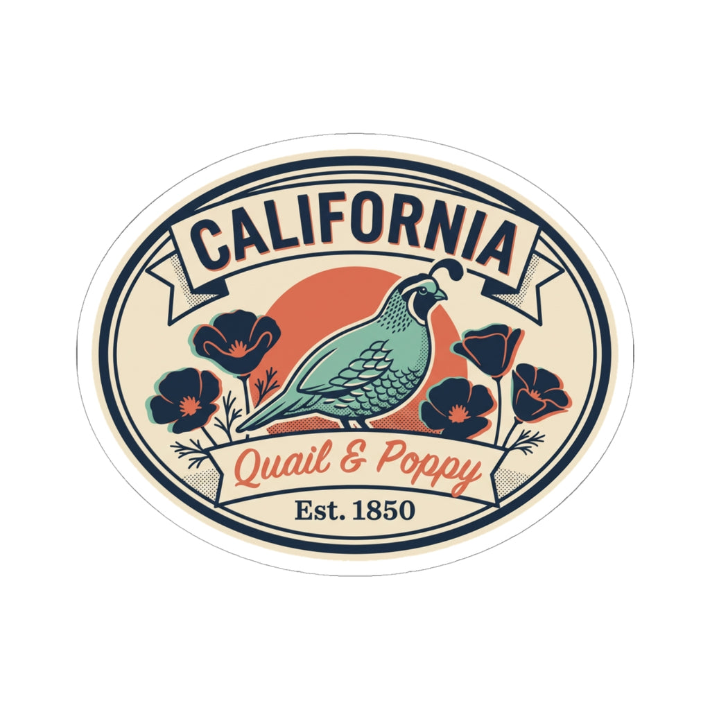 California oval vinyl sticker featuring quail and poppies with “Quail & Poppy” text