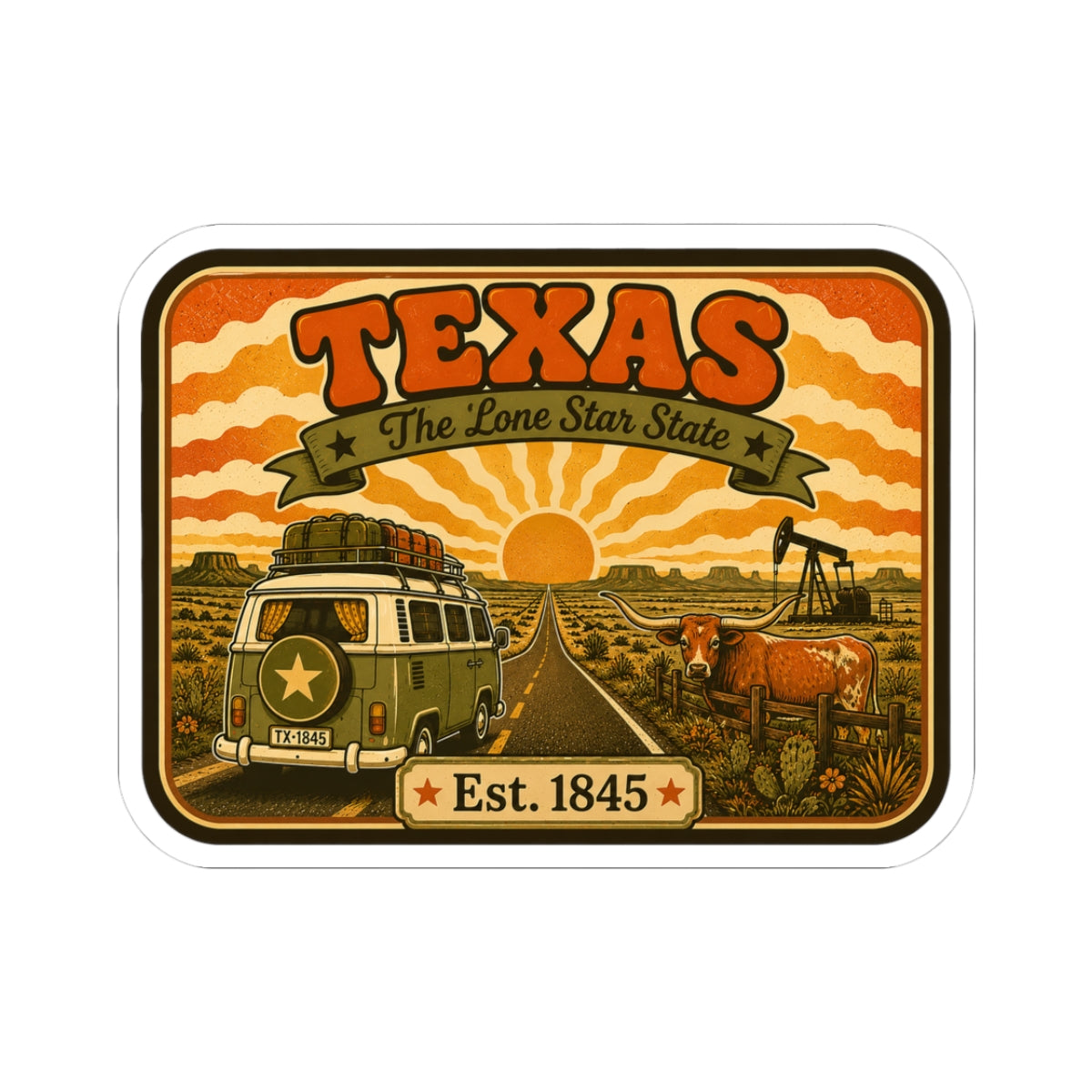 Kiss-cut Texas road trip sticker with orange sunset scene