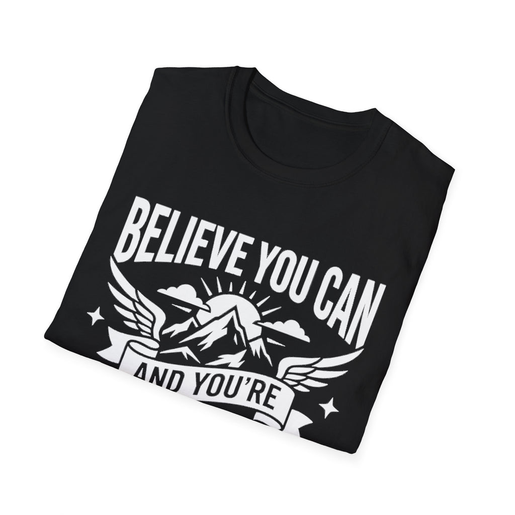 Black T-shirt close-up of “Believe You Can” mountain-and-wings typography print