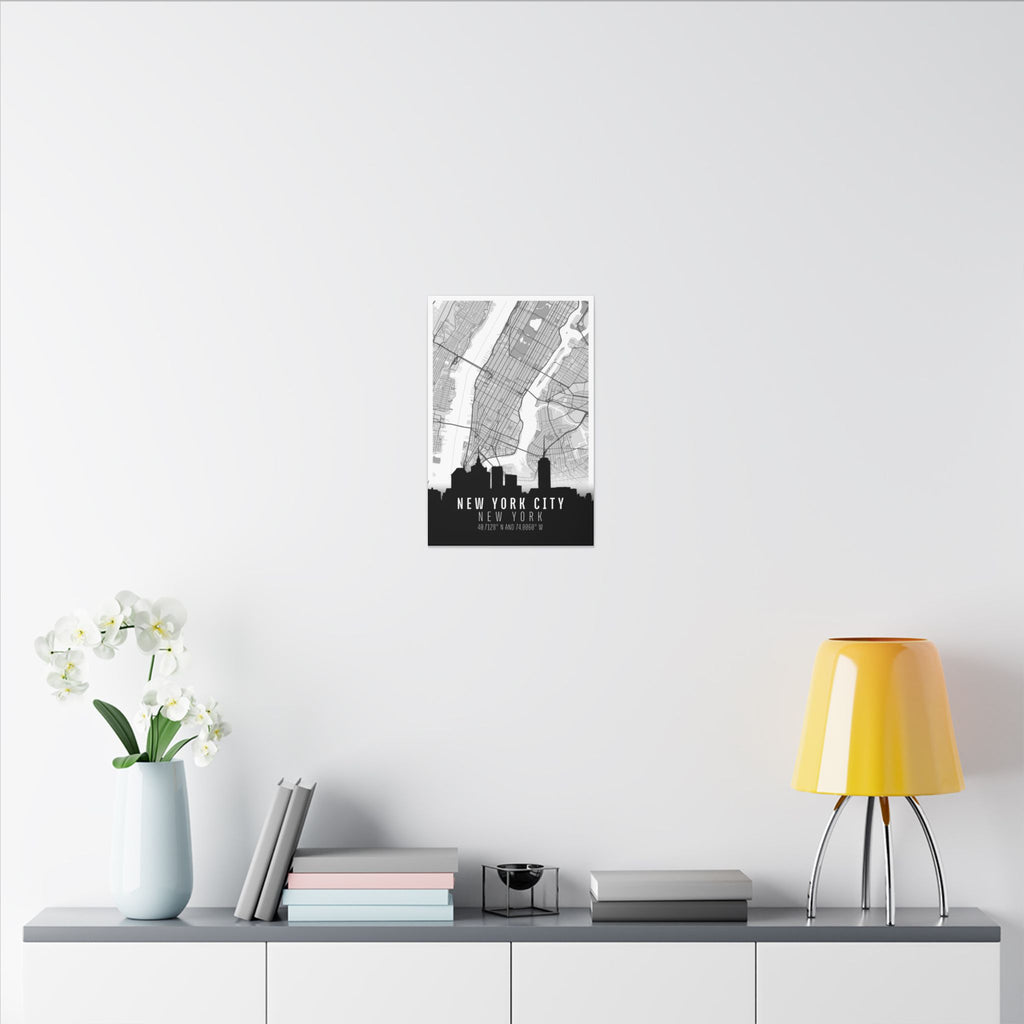 New York City skyline canvas map with street grid design, black skyline silhouette, and coordinates