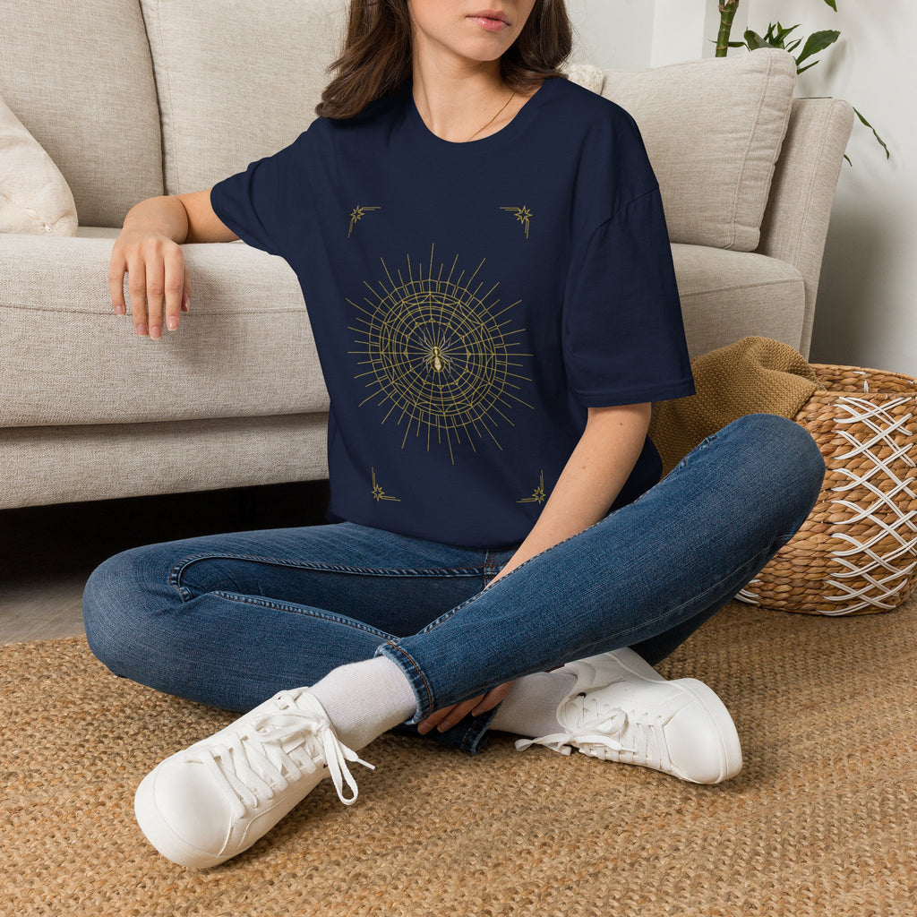 Navy T-shirt with gold web mandala graphic on the front