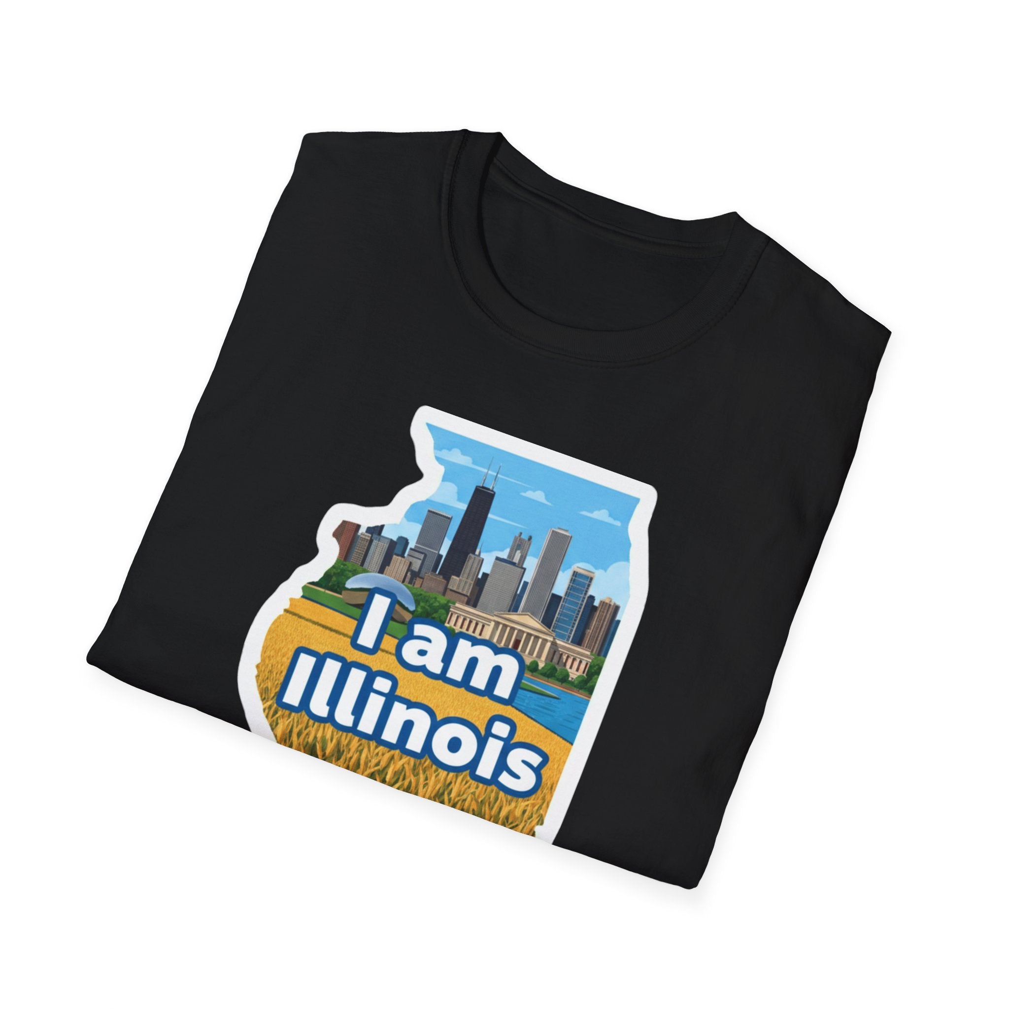 Black I Am Illinois T-shirt with Illinois map skyline, farmland, and “I am Illinois” text