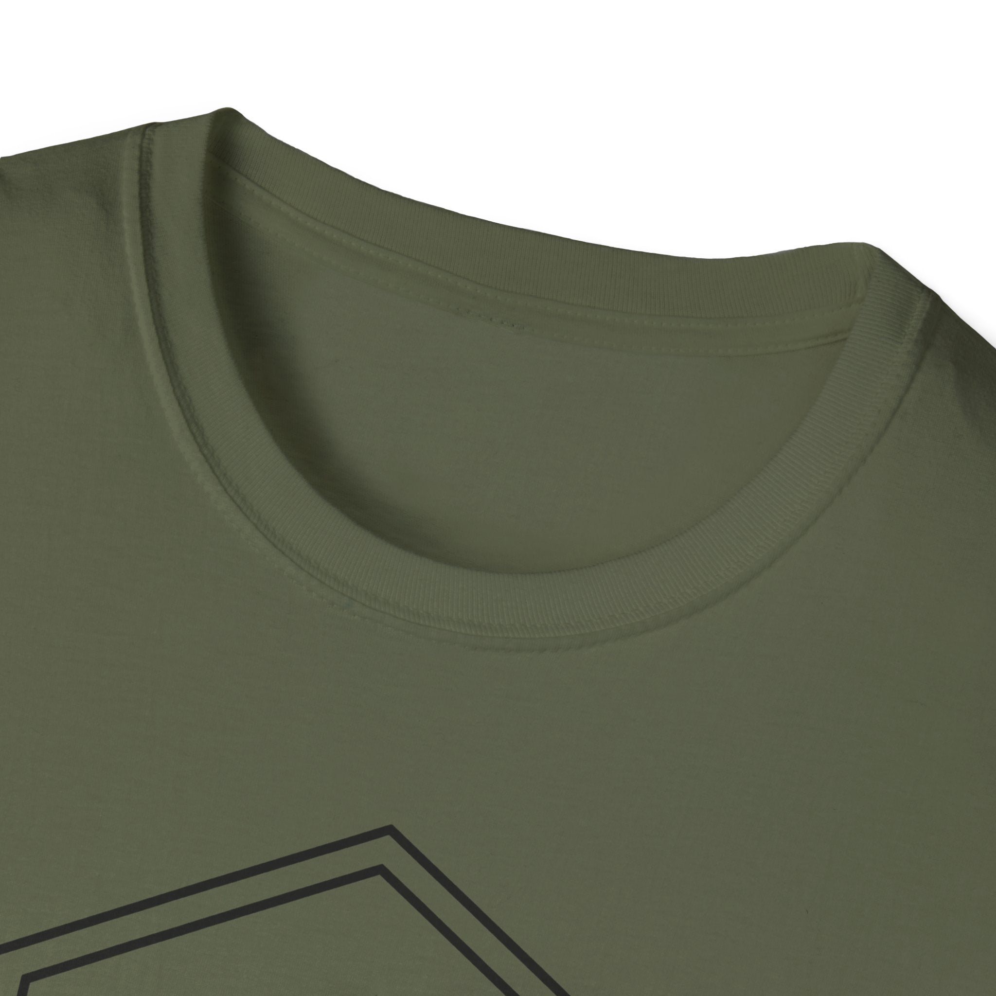 Military green T-shirt with ribbed crew neck and partial boot badge graphic