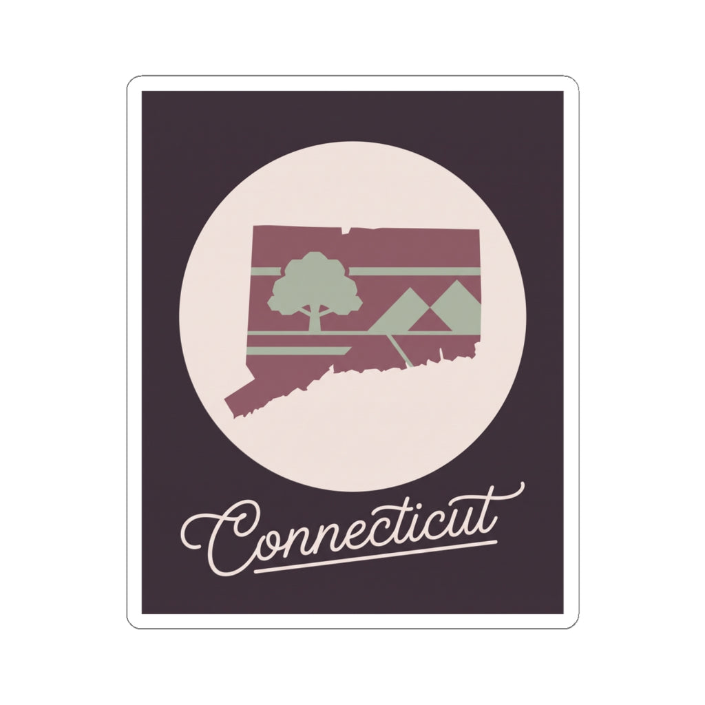 Maroon Connecticut map silhouette vinyl sticker with circular frame and script 'Connecticut'