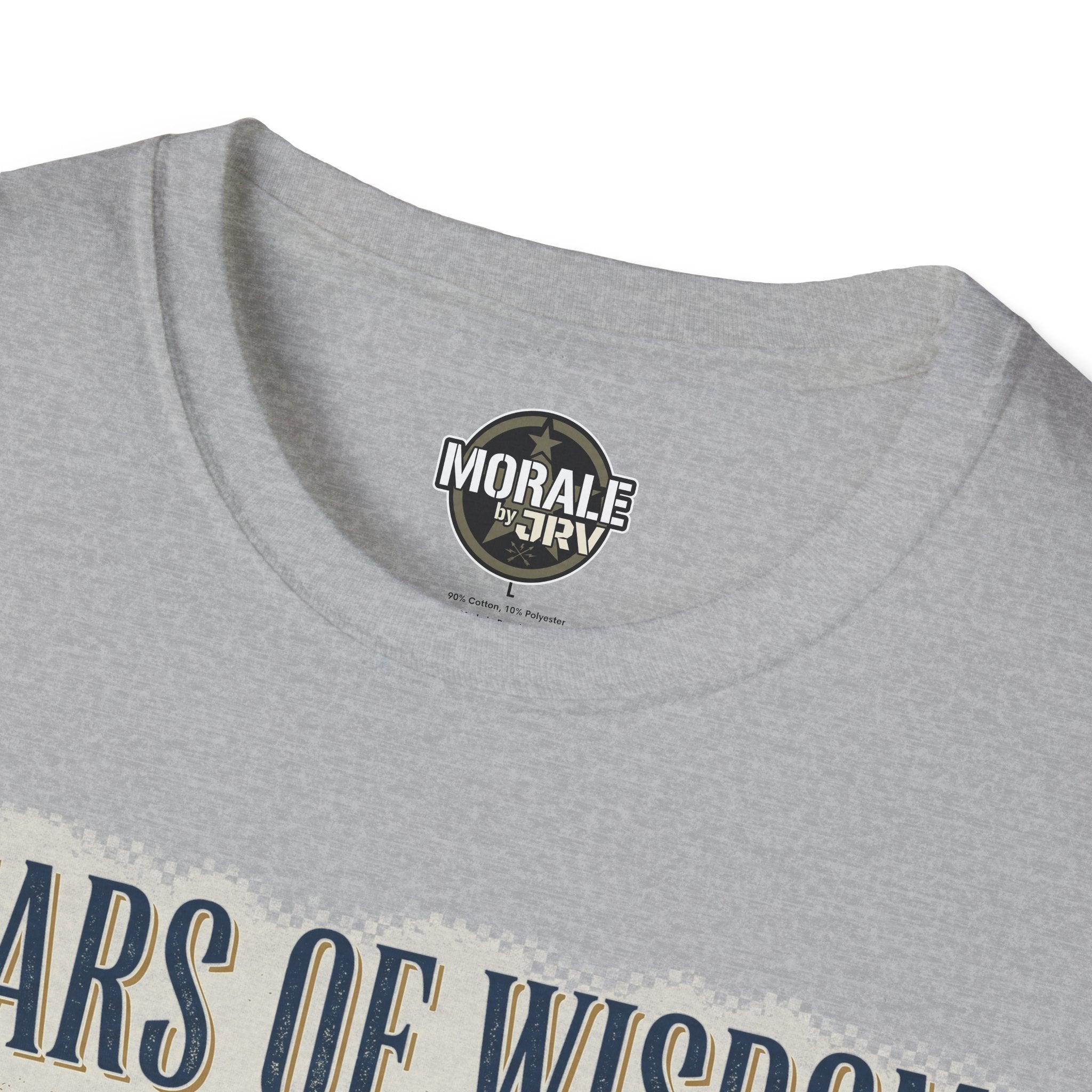 Sport grey T-shirt neckline with circular logo and “Years of Wisdom” text edge