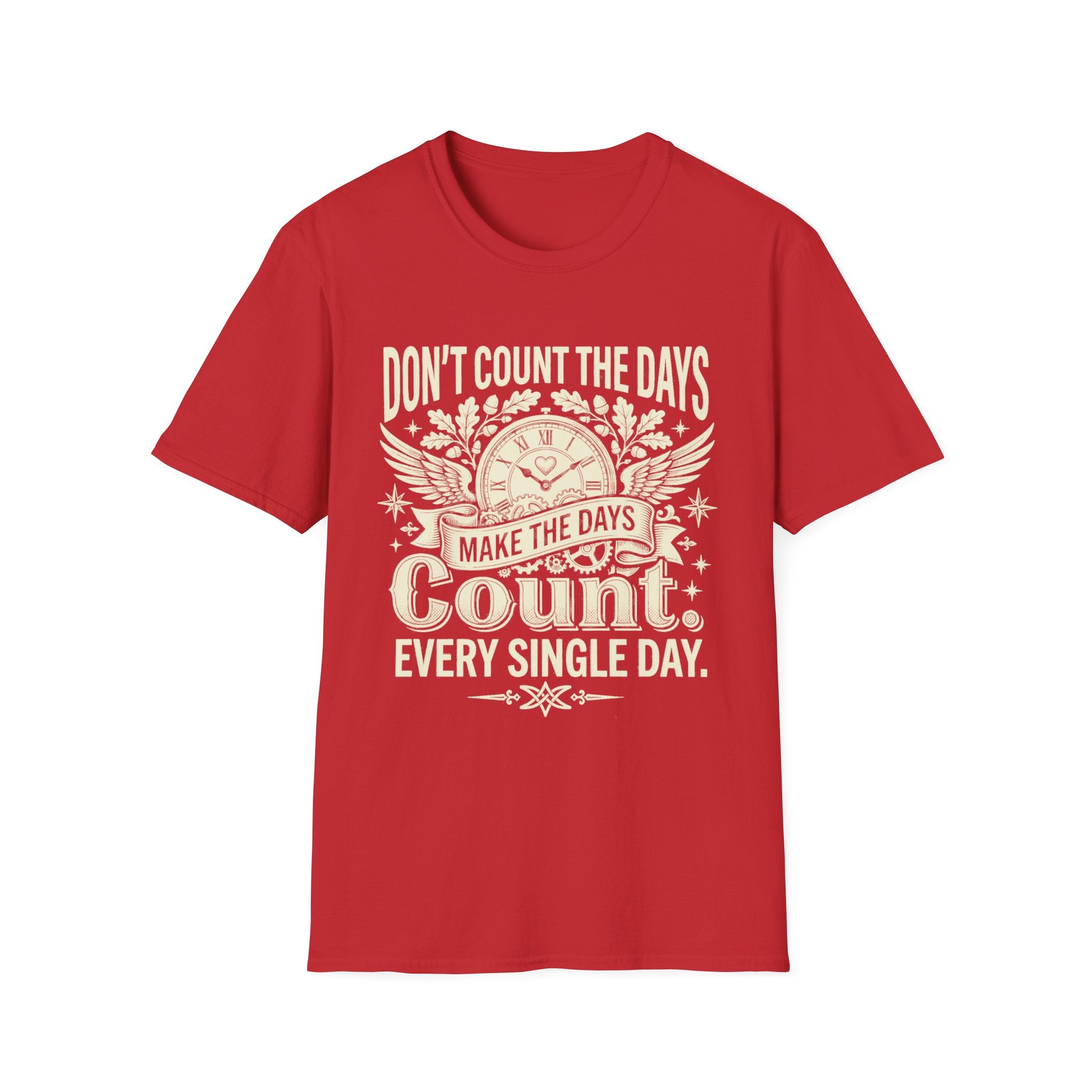 Red T-shirt with clock graphic and quote: “Don’t count the days, make the days count.”