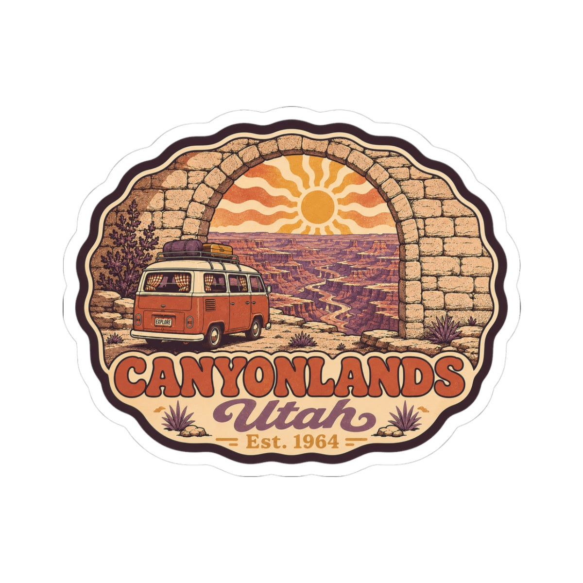 Canyonlands Utah vintage camper van sticker with red rock arch and sun graphic