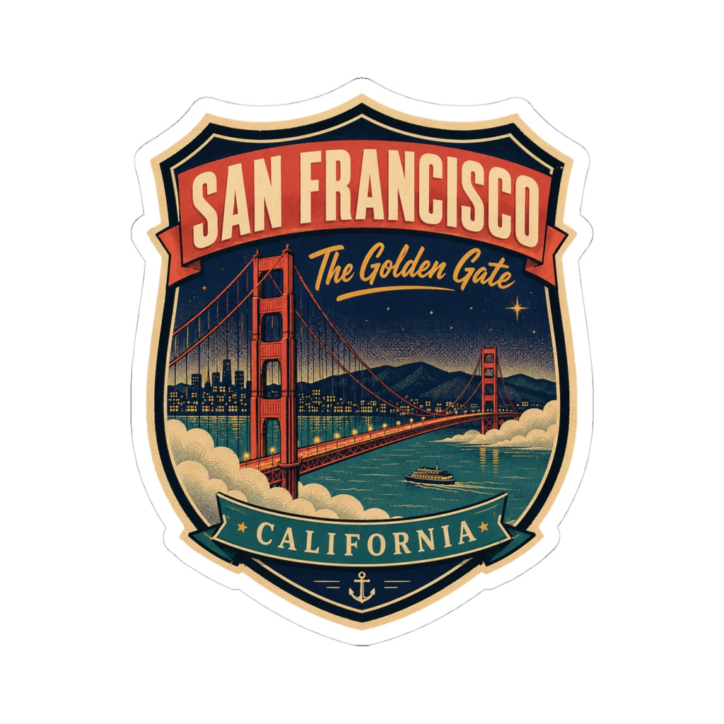 Luggage tag sticker: San Francisco shield with Golden Gate Bridge and California text