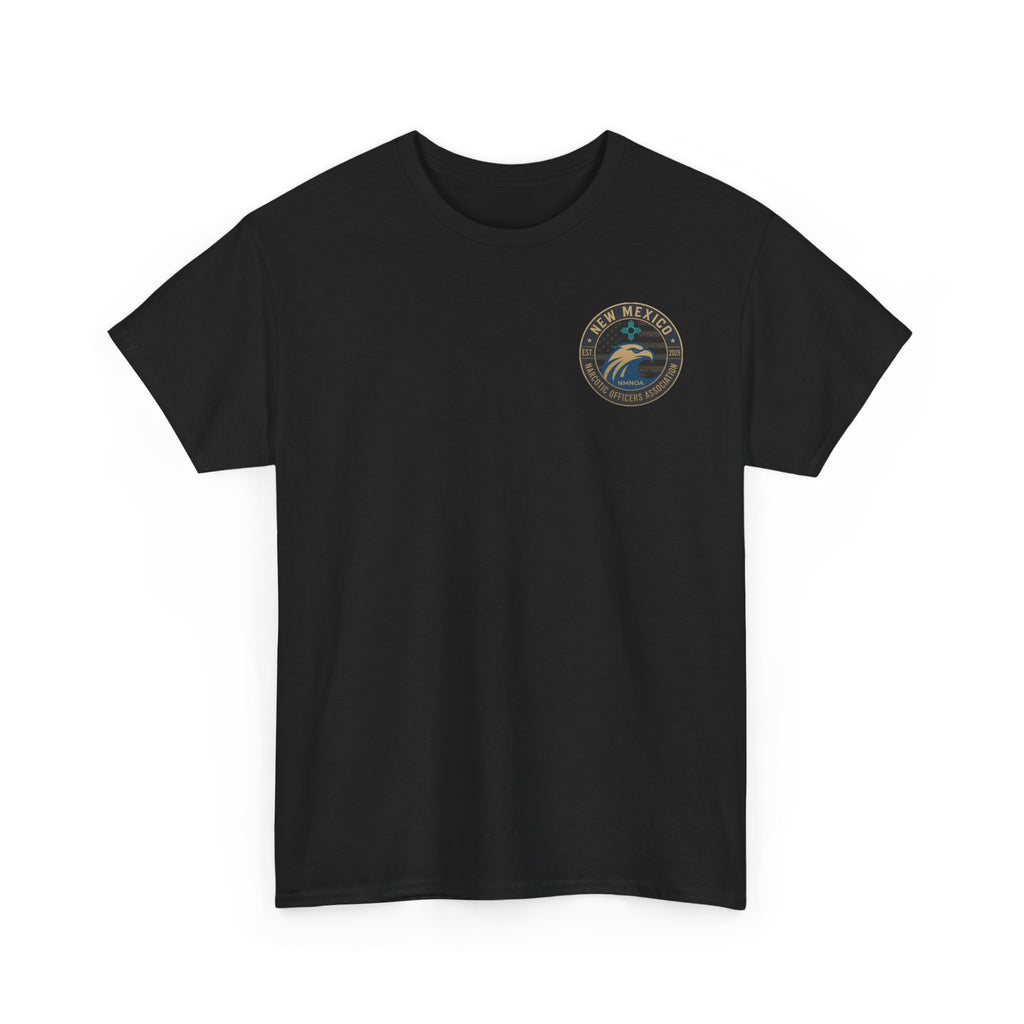 Black crewneck tee, angled view with small circular chest logo