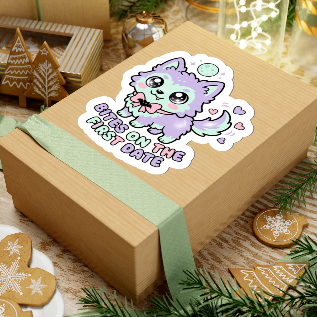 Kawaii wolf kiss-cut sticker with mint-and-purple fur, bow, hearts, and "BITES ON THE FIRST DATE"