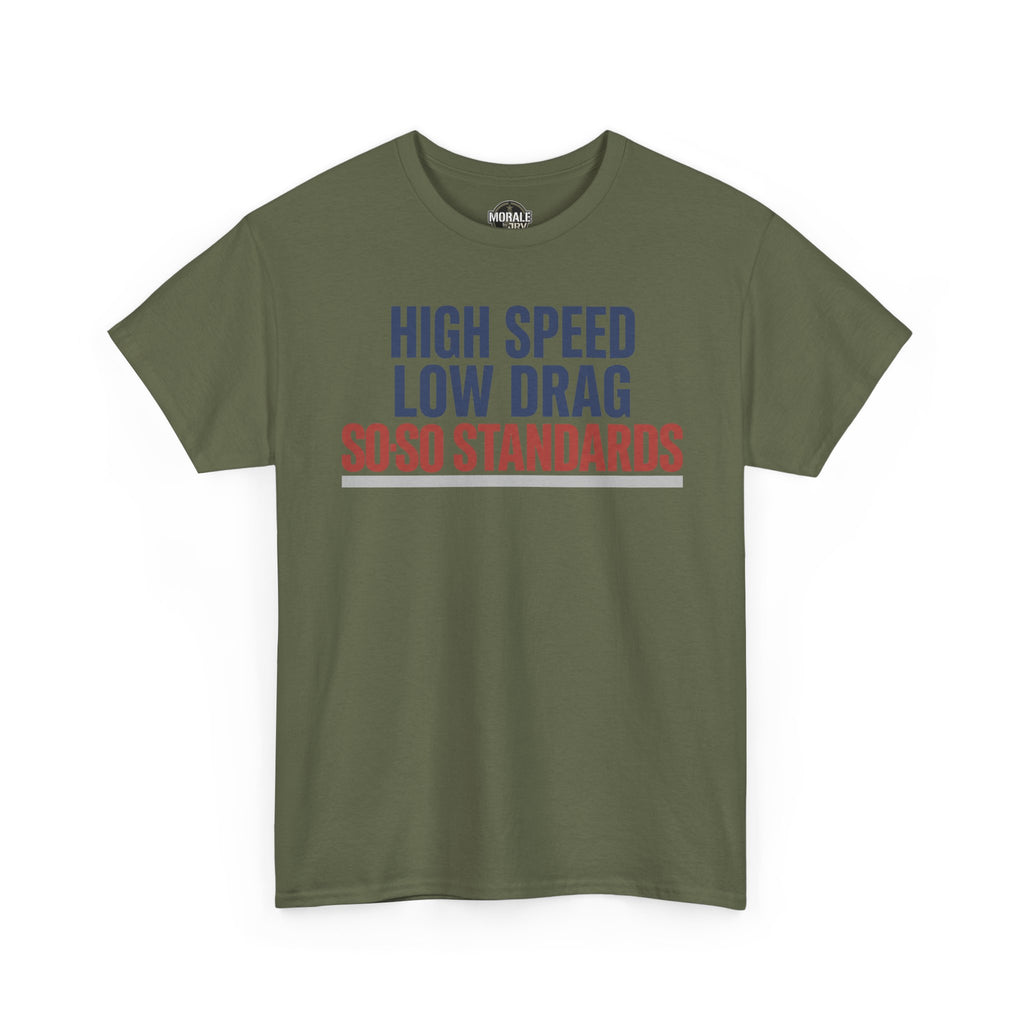 Military green T-shirt with crew neck, short sleeves, and colorful slogan graphic on front.