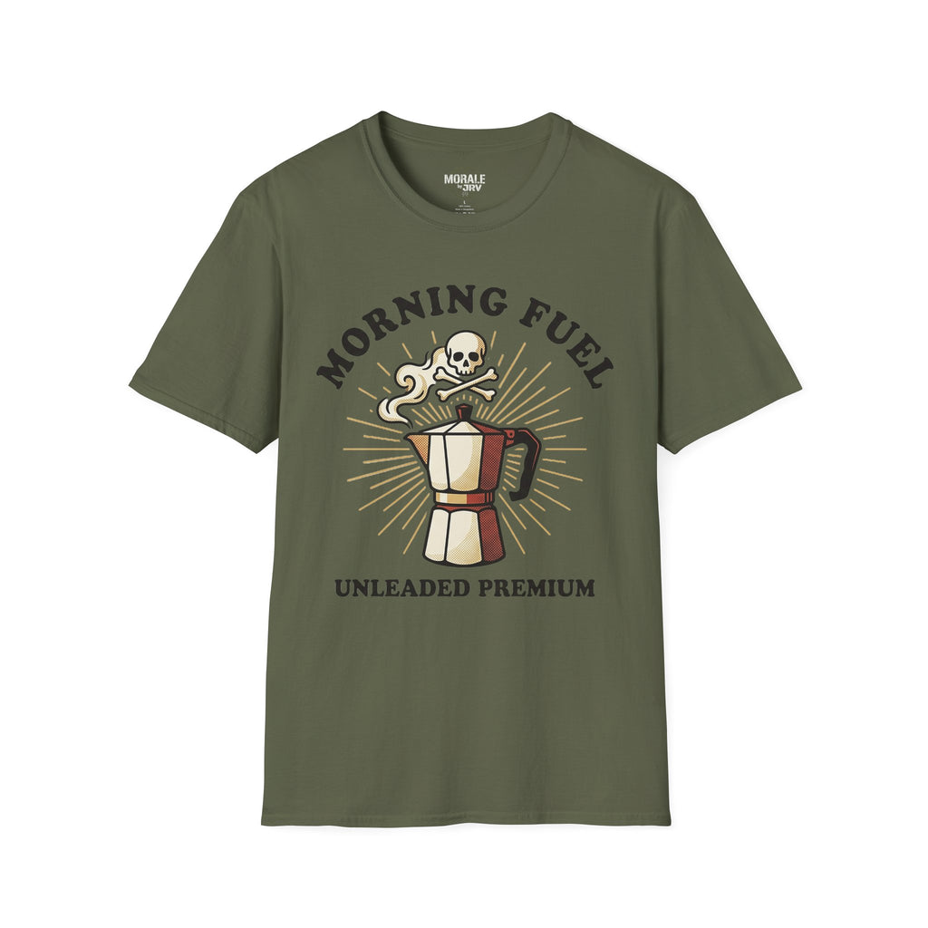 Military green unisex tee: “Morning Fuel” skull moka pot graphic, “Unleaded Premium”