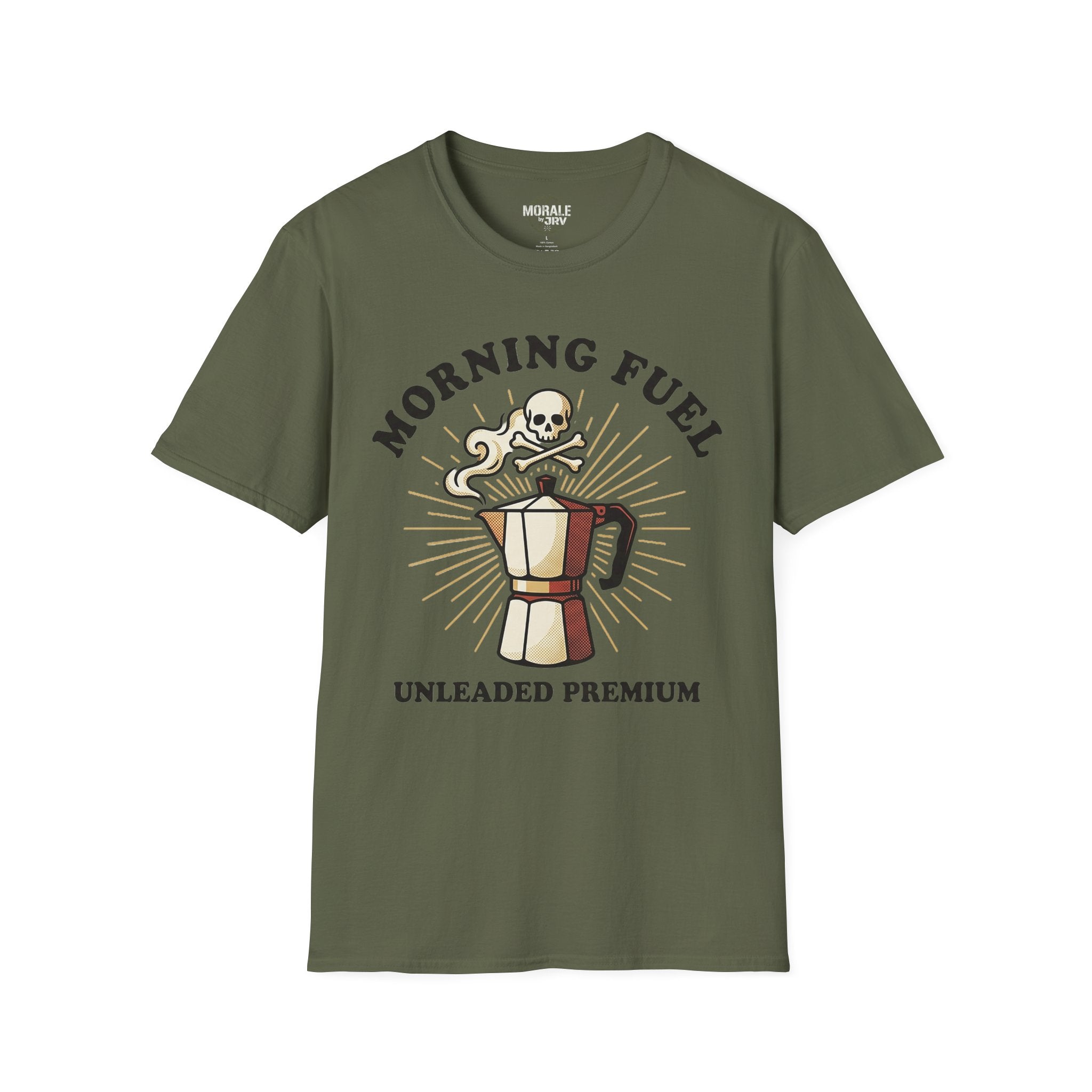 Military green unisex tee: “Morning Fuel” skull moka pot graphic, “Unleaded Premium”