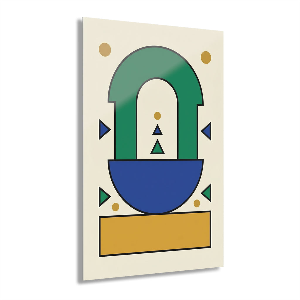 Bauhaus-style arch print: green arch over blue semicircle and gold rectangle on cream