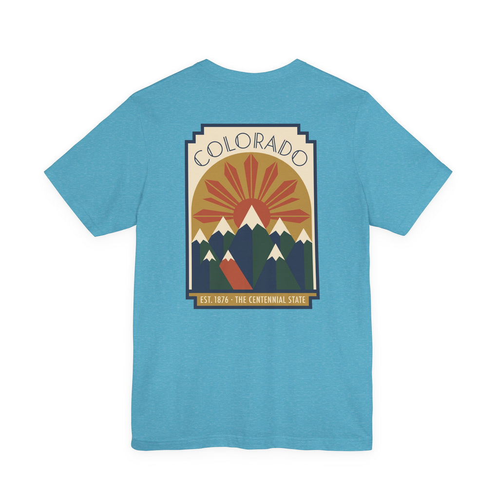 Aqua T-shirt with Colorado sunset mountain graphic front print
