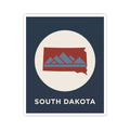 South Dakota map badge sticker with navy background, white circle, and red state plus blue mountains