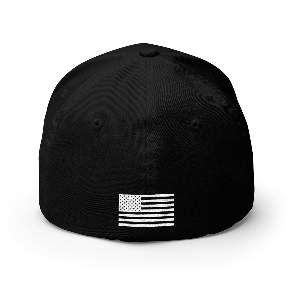 Black baseball cap with white horizontal stripes emblem on front