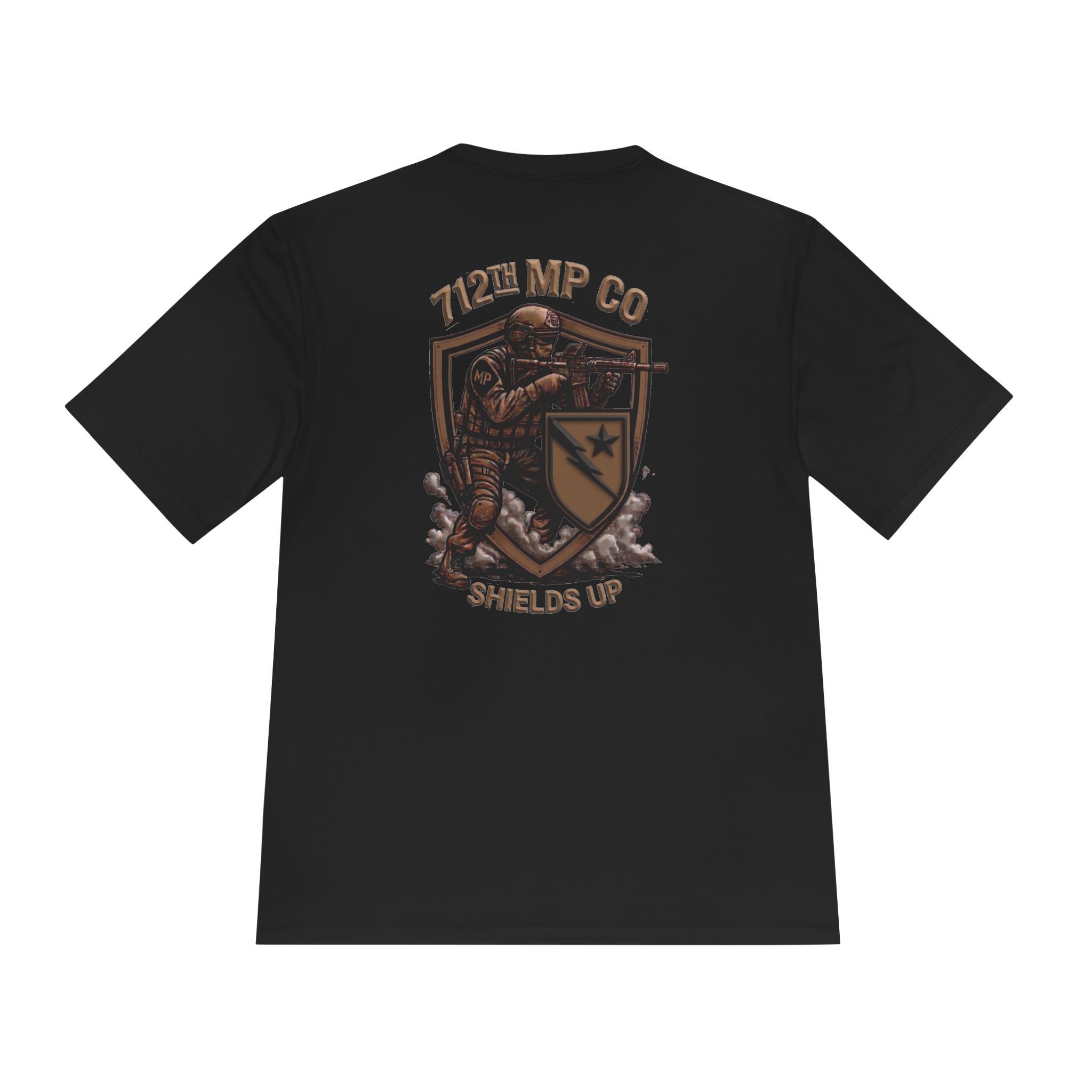 Black tactical T-shirt with large back graphic and Shields Up text