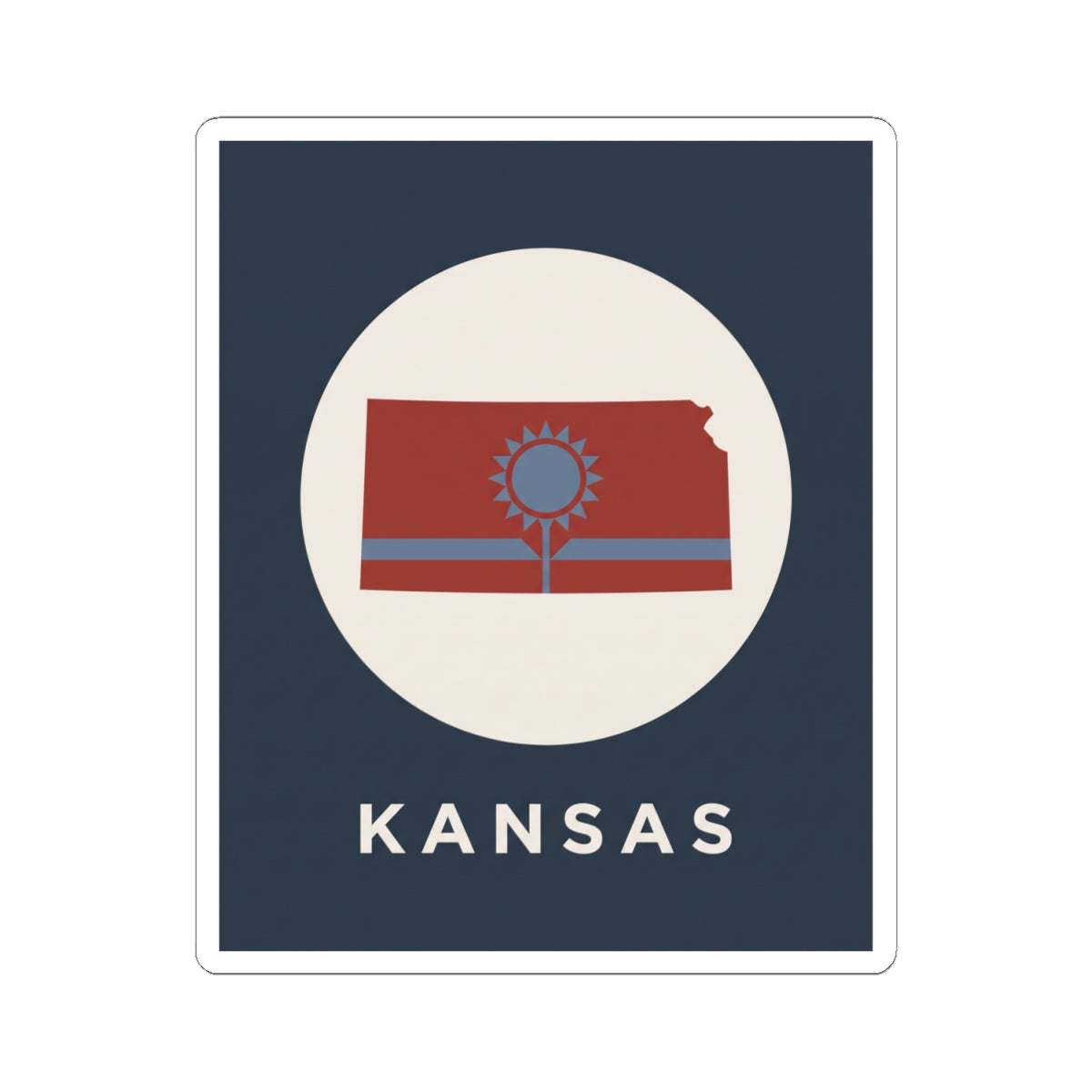 Kansas state map sunflower sticker with “KANSAS” text, blue field, white circular emblem