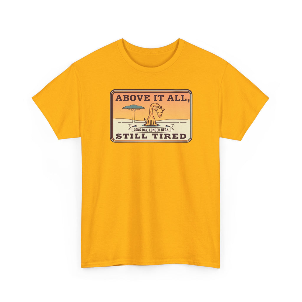 Above It All Still Tired Tee | Retro Beach Scene, Coffee Cup, Sunset Vibes