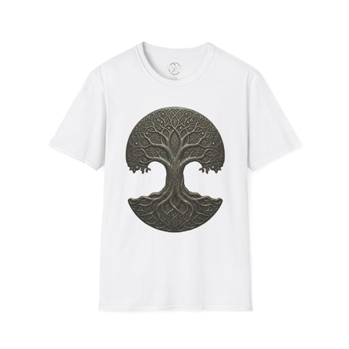 T-Shirt mit keltischem Baum-des-Lebens-Mandala-Print, dunkelgrün auf Weiß