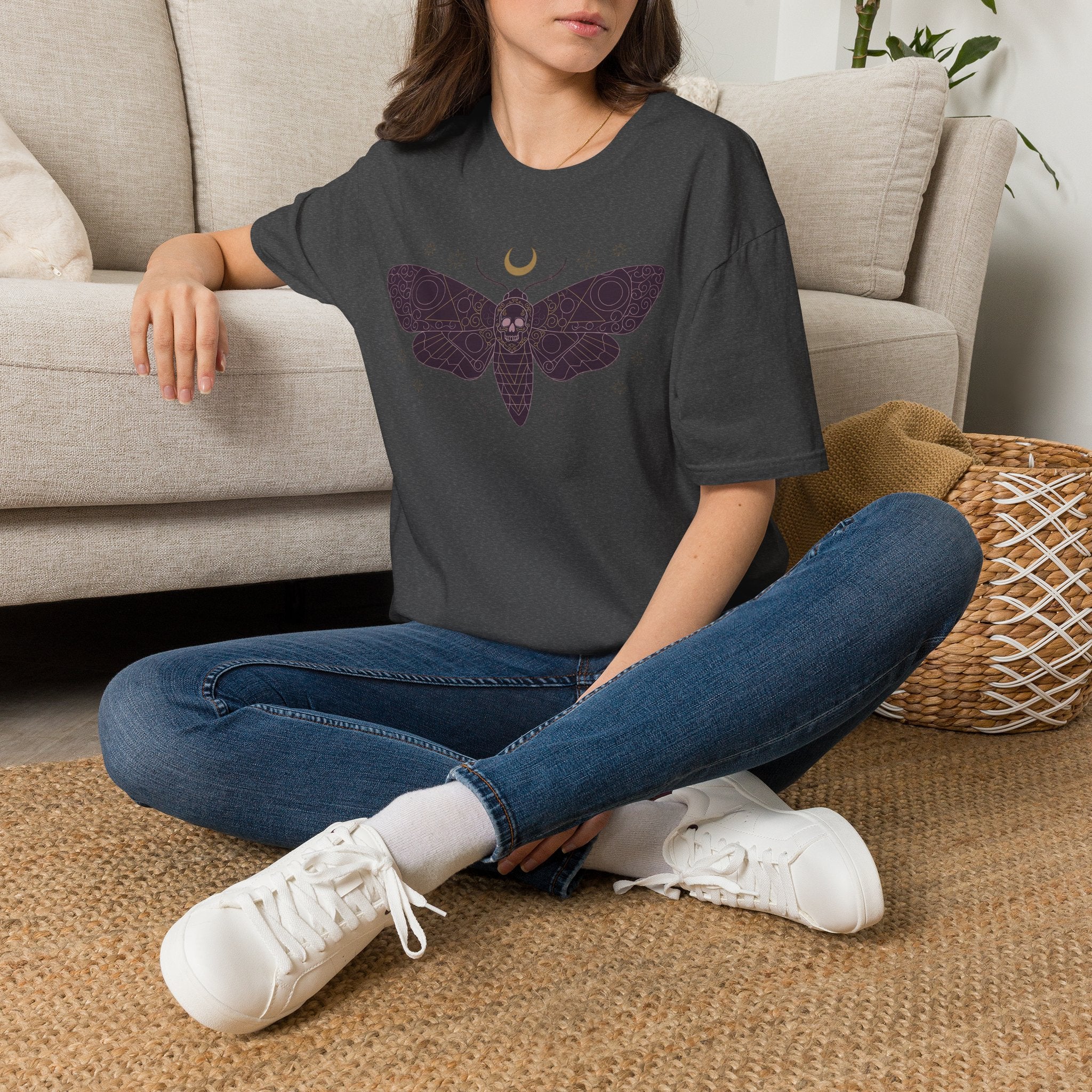 Dark gray T-shirt with moth skull and crescent moon chest graphic