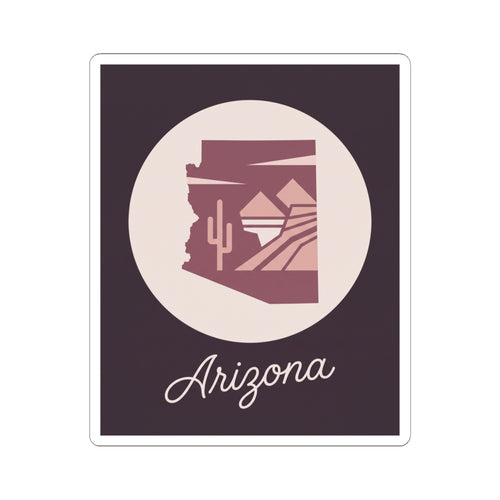 Arizona mauve state silhouette vinyl decal with cream circle border and cursive 'Arizona'