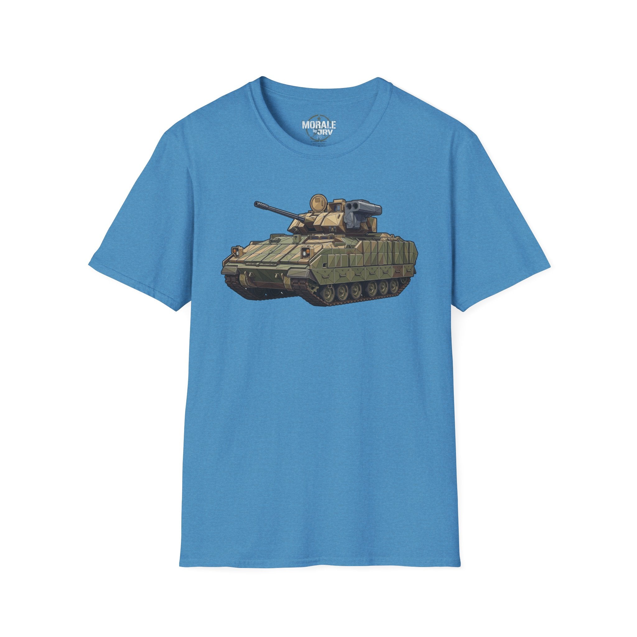 Blue tank T-shirt with armored vehicle graphic on front