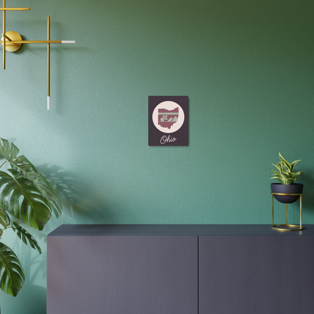 Mauve square metal wall art with Ohio silhouette badge and cursive 'Ohio' text