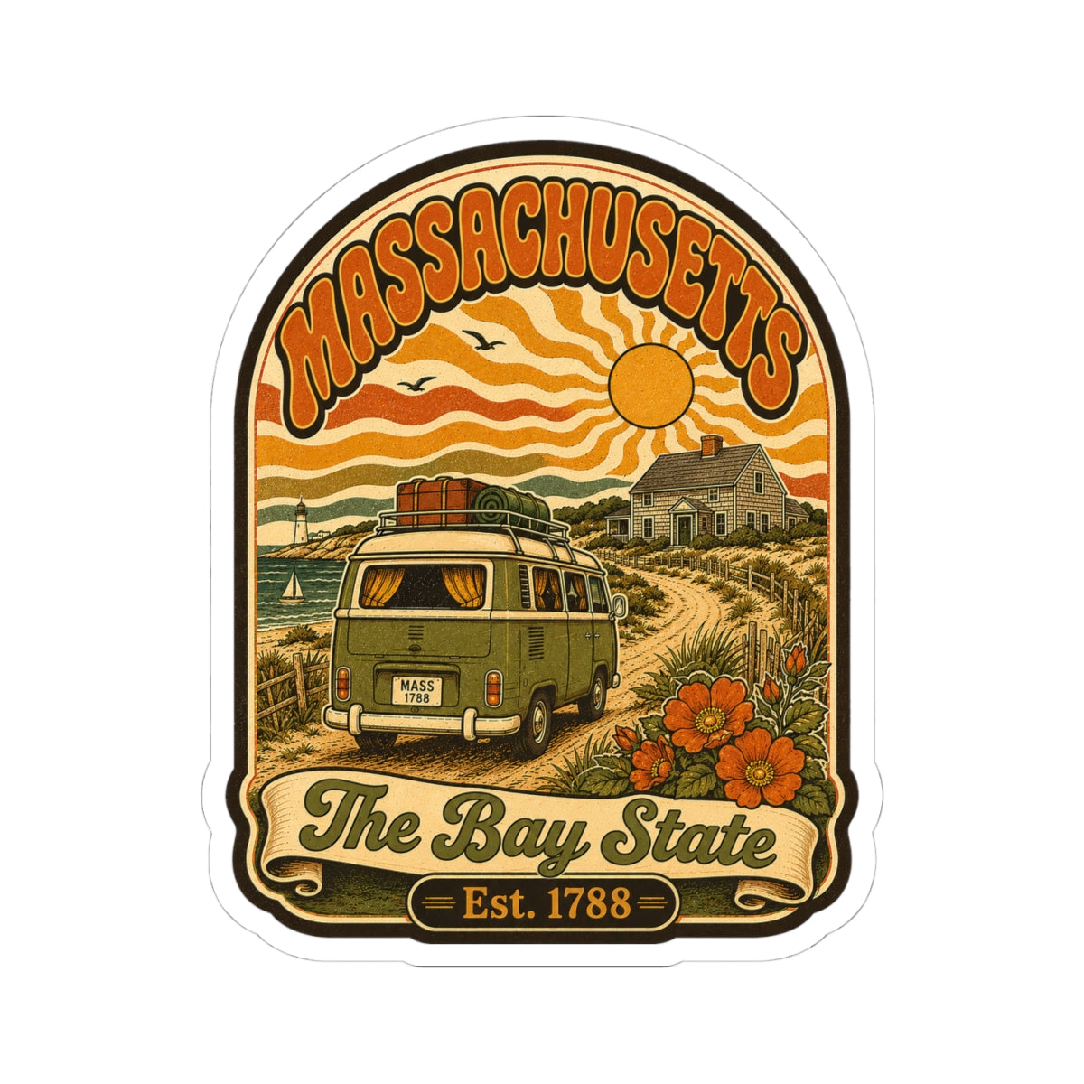 White-backed kiss-cut Massachusetts sticker showing vintage van landscape and sun