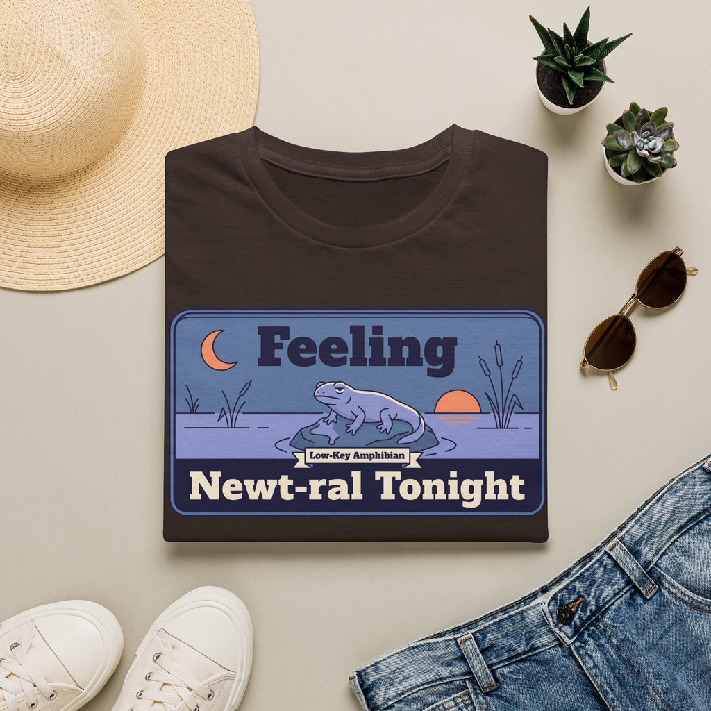 Brown T-shirt with cartoon newt and moon graphic, 'Feeling Newt-ral Tonight' text