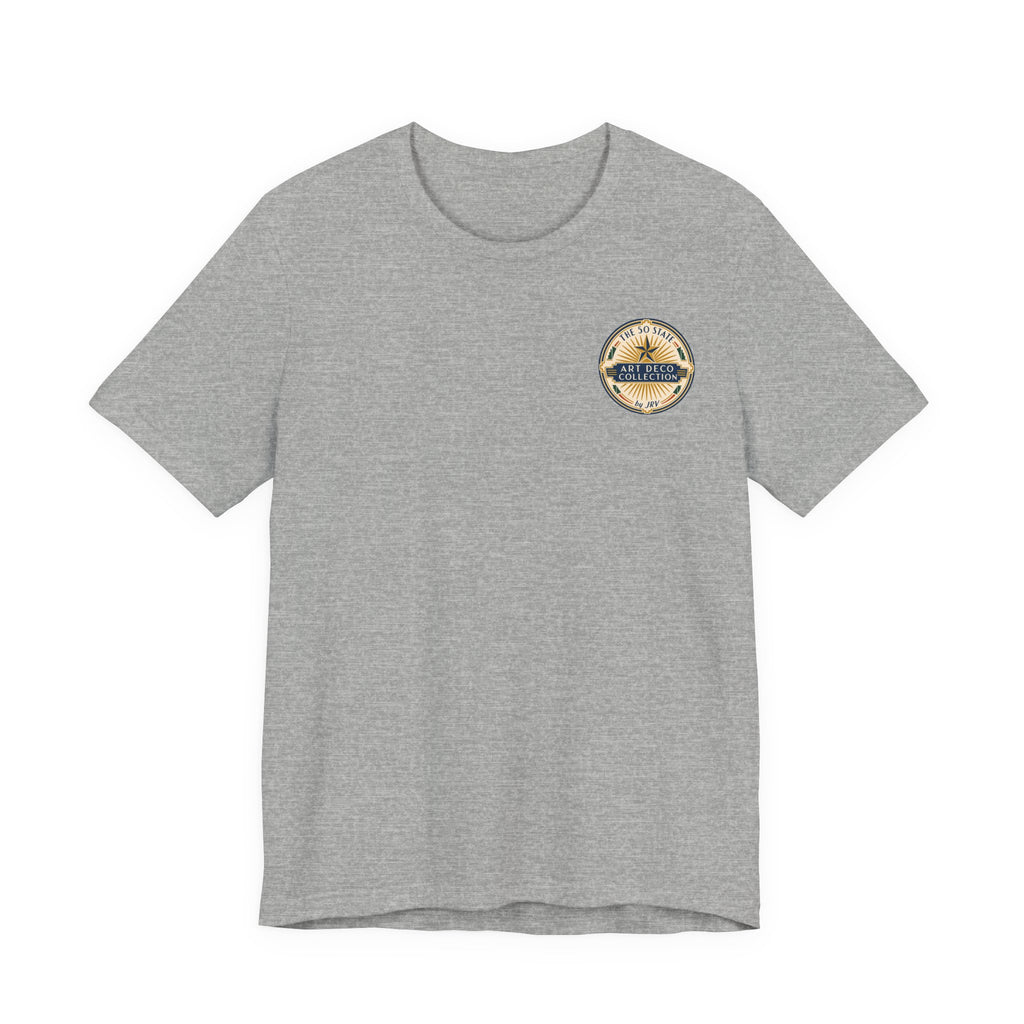 Heather gray Wyoming rodeo t-shirt with round chest logo patch