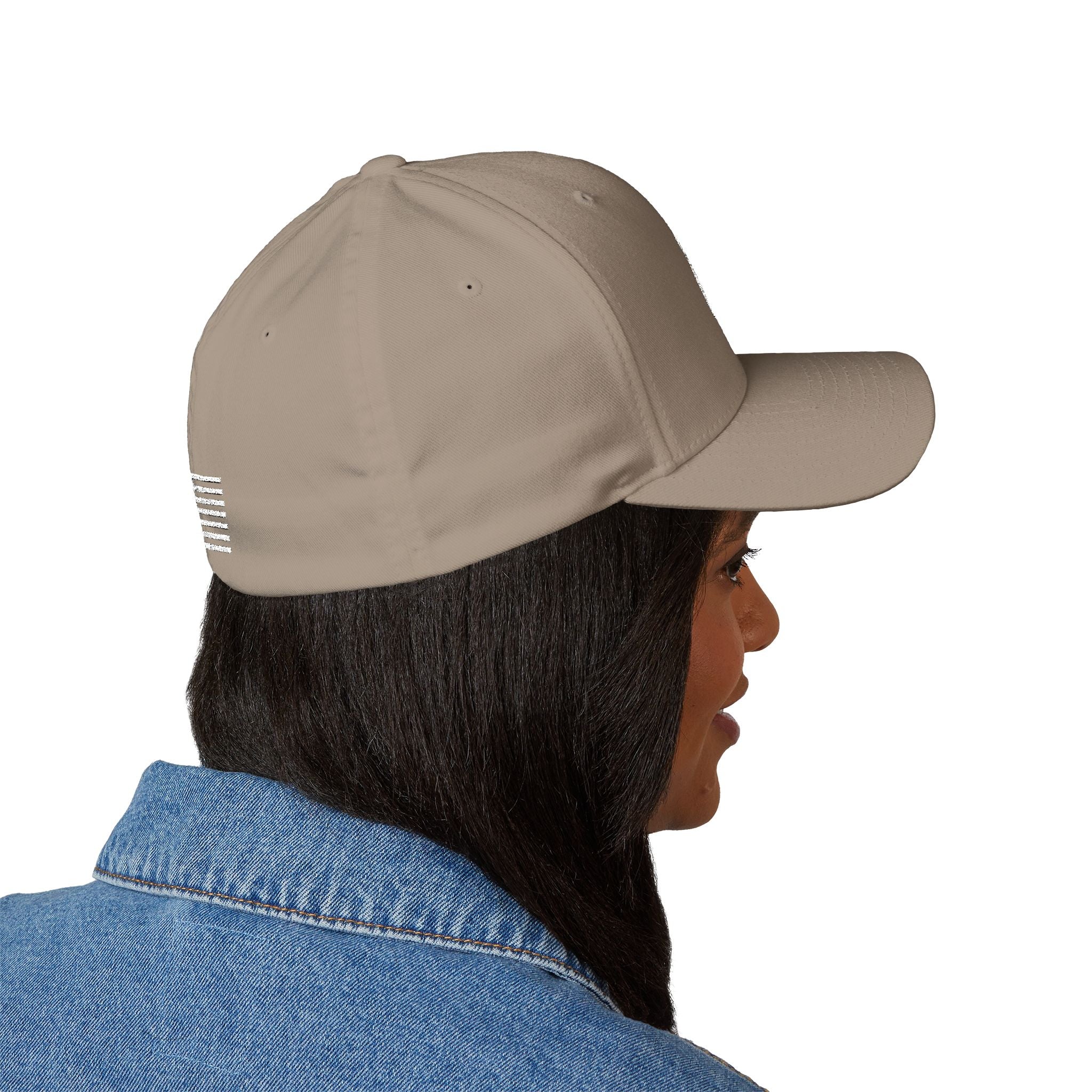 Khaki baseball cap with white striped patch on the left side