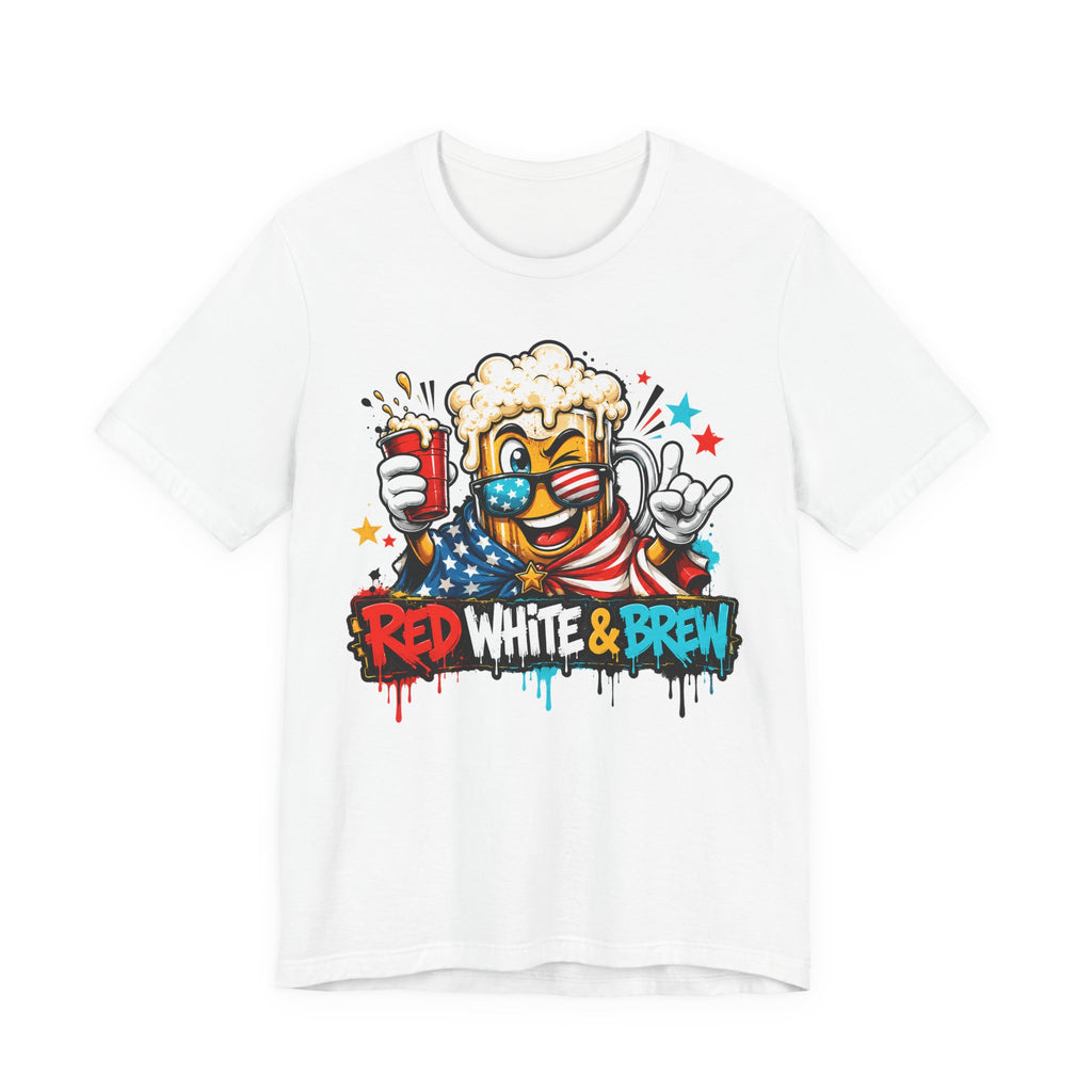 Red White & Brew 4th of July T-Shirt | Patriotic Beer Mascot American Flag Graphic Tee