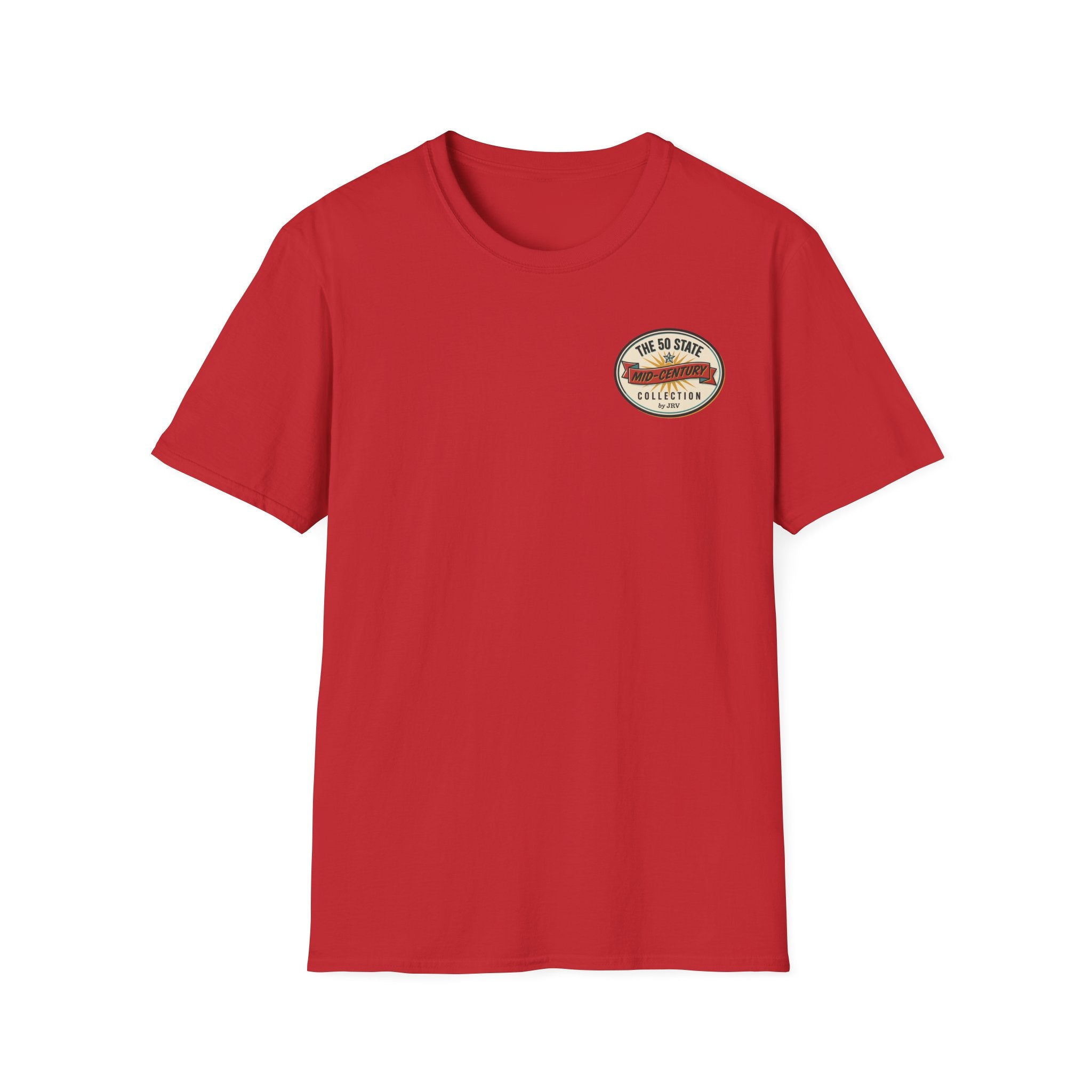 Red T-shirt with small circular chest patch graphic