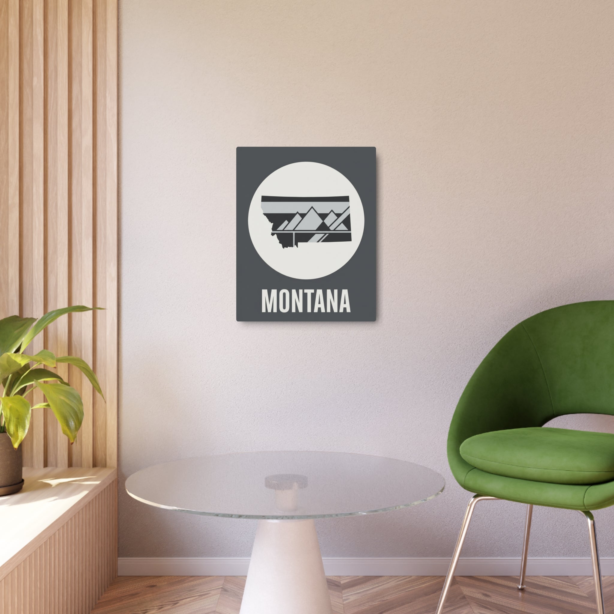 Mounted Montana state metal art sign with dark gray background, circular mountain graphic, “MONTANA”