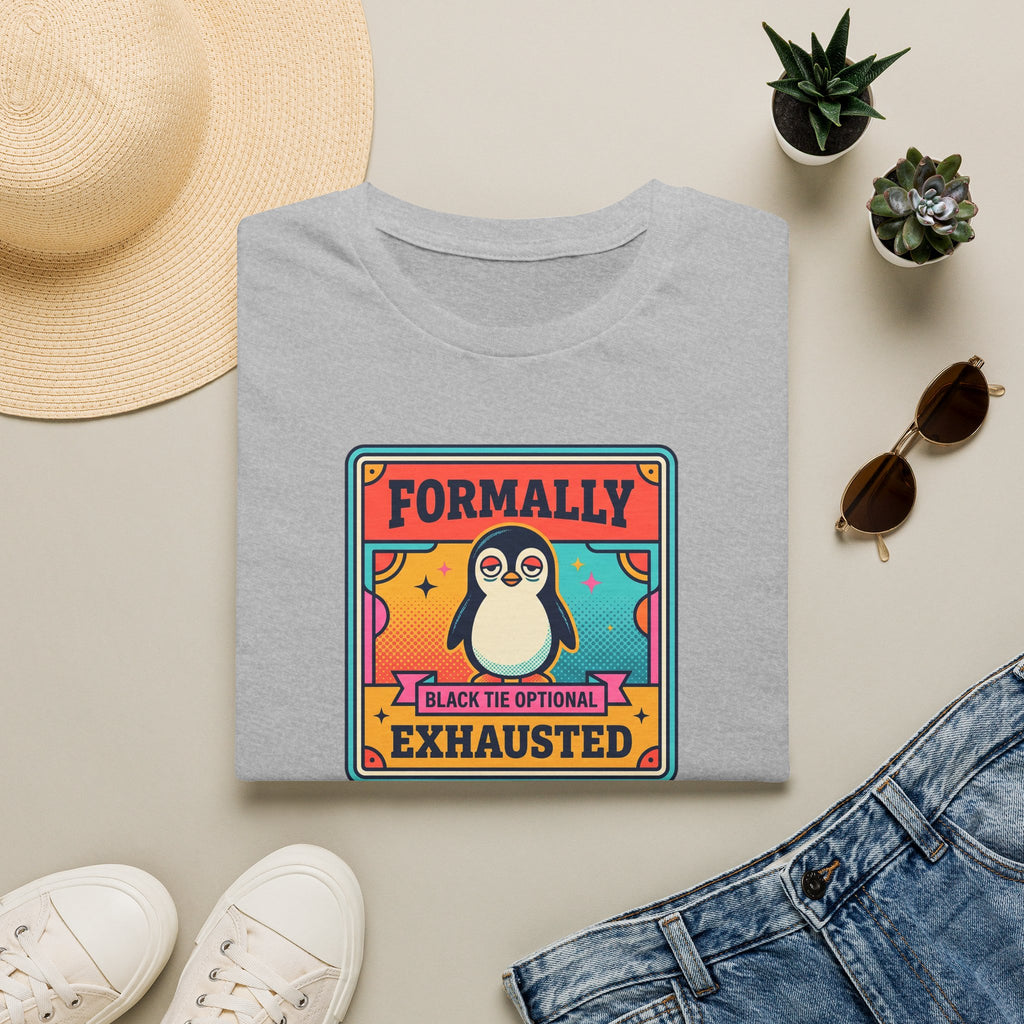 Funny Penguin T-Shirt | Formally Exhausted Black Tie Optional Retro Graphic Tee | Penguin Gift