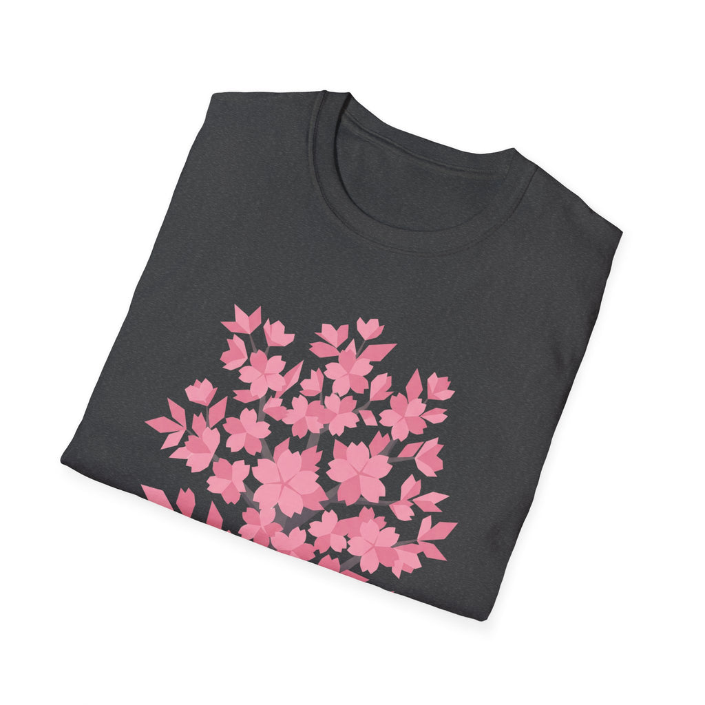 Dark heather T-shirt with pink cherry blossom tree floral graphic on front