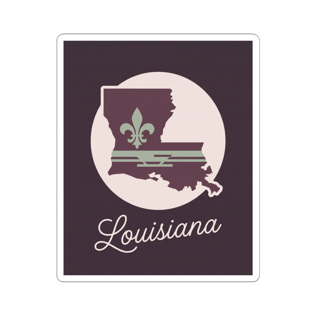 Square mauve Louisiana silhouette sticker with white circle, fleur-de-lis, and script