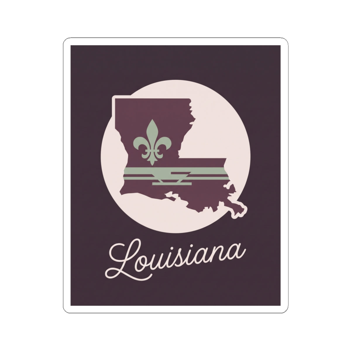 Square mauve Louisiana silhouette sticker with white circle, fleur-de-lis, and script
