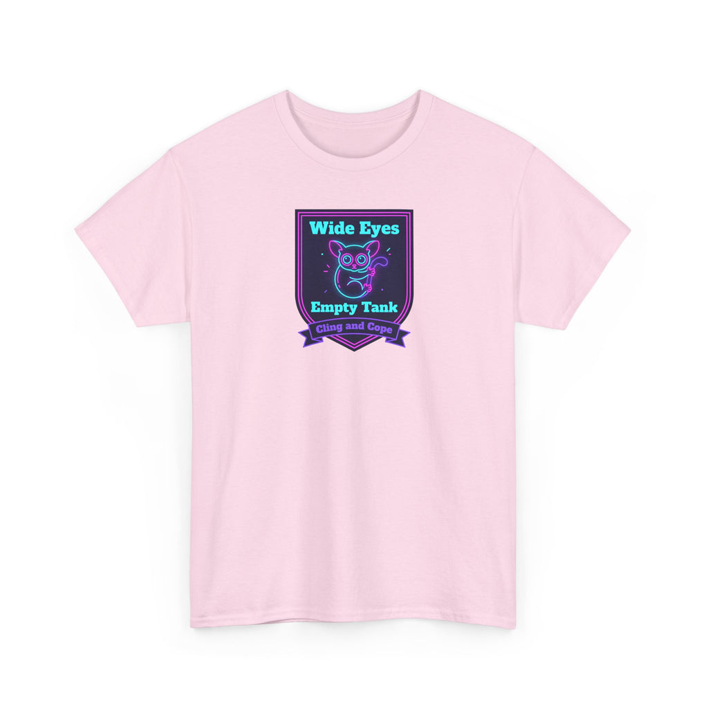Wide Eyes Empty Tank T-shirt | Owl Illustration, Neon Purple & Teal Badge