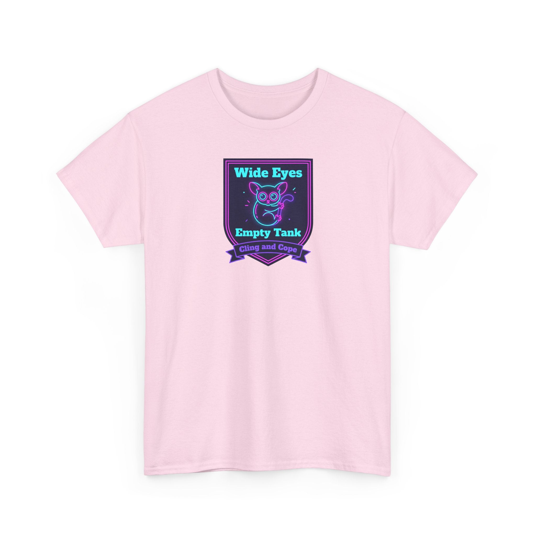 Wide Eyes Empty Tank T-shirt | Owl Illustration, Neon Purple & Teal Badge