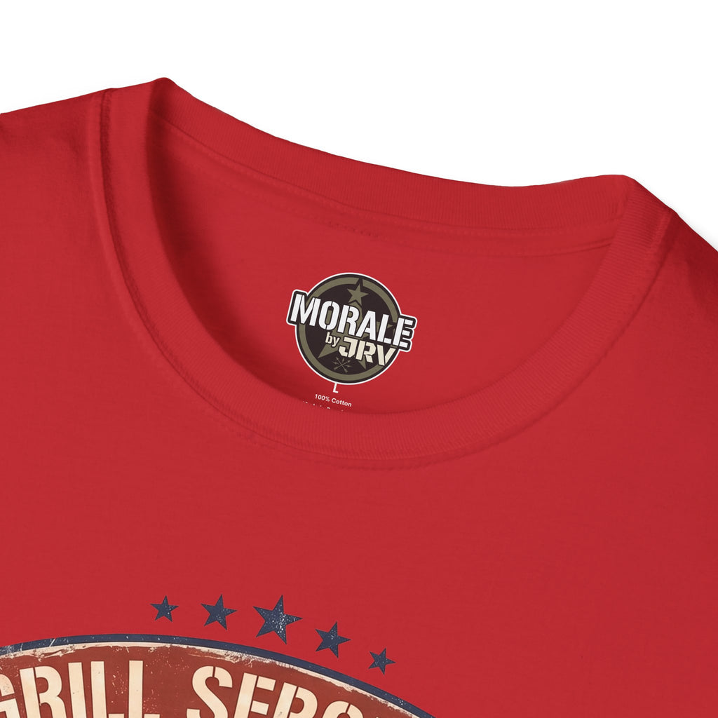 Red T-shirt neckline with round chest logo graphic