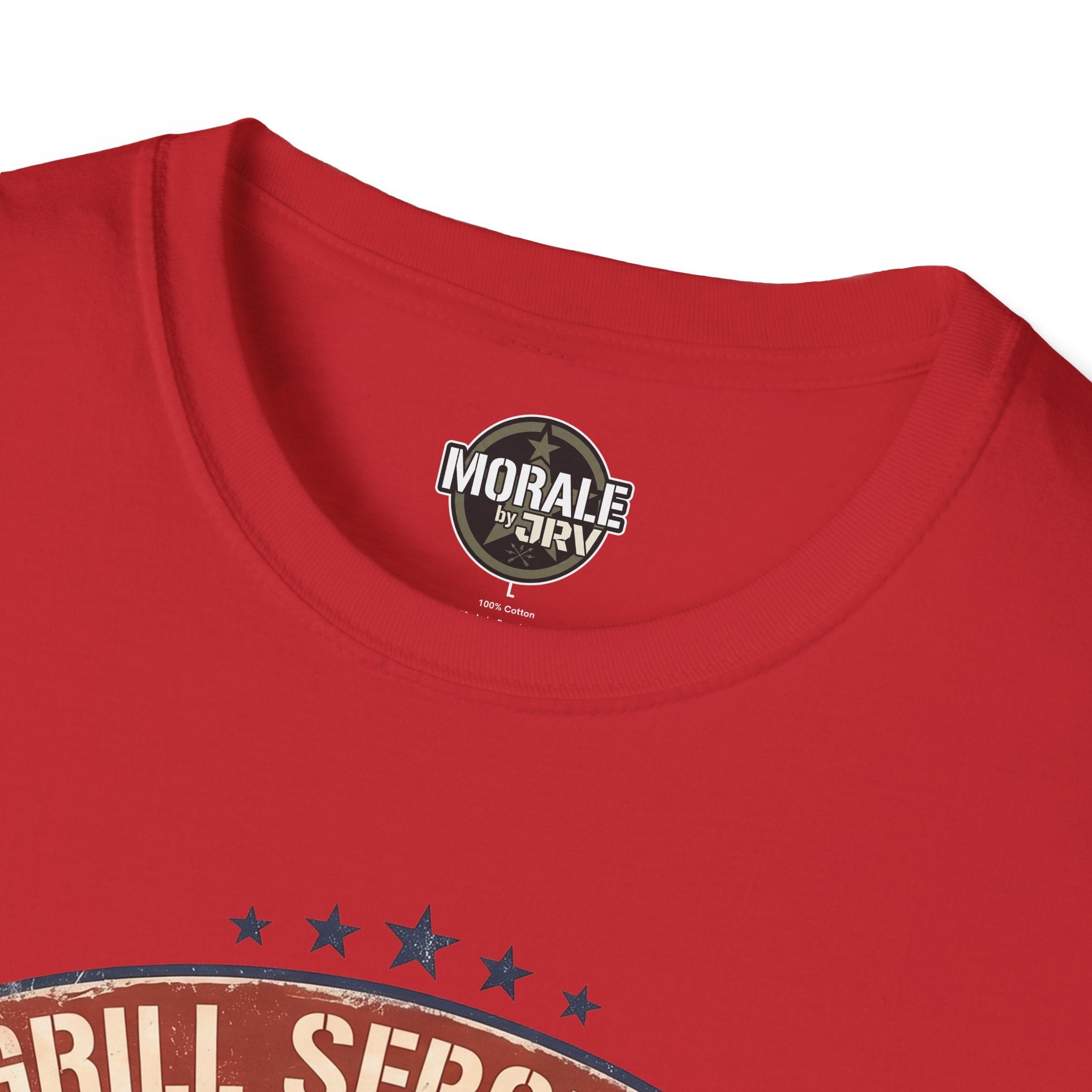Red T-shirt neckline with round chest logo graphic