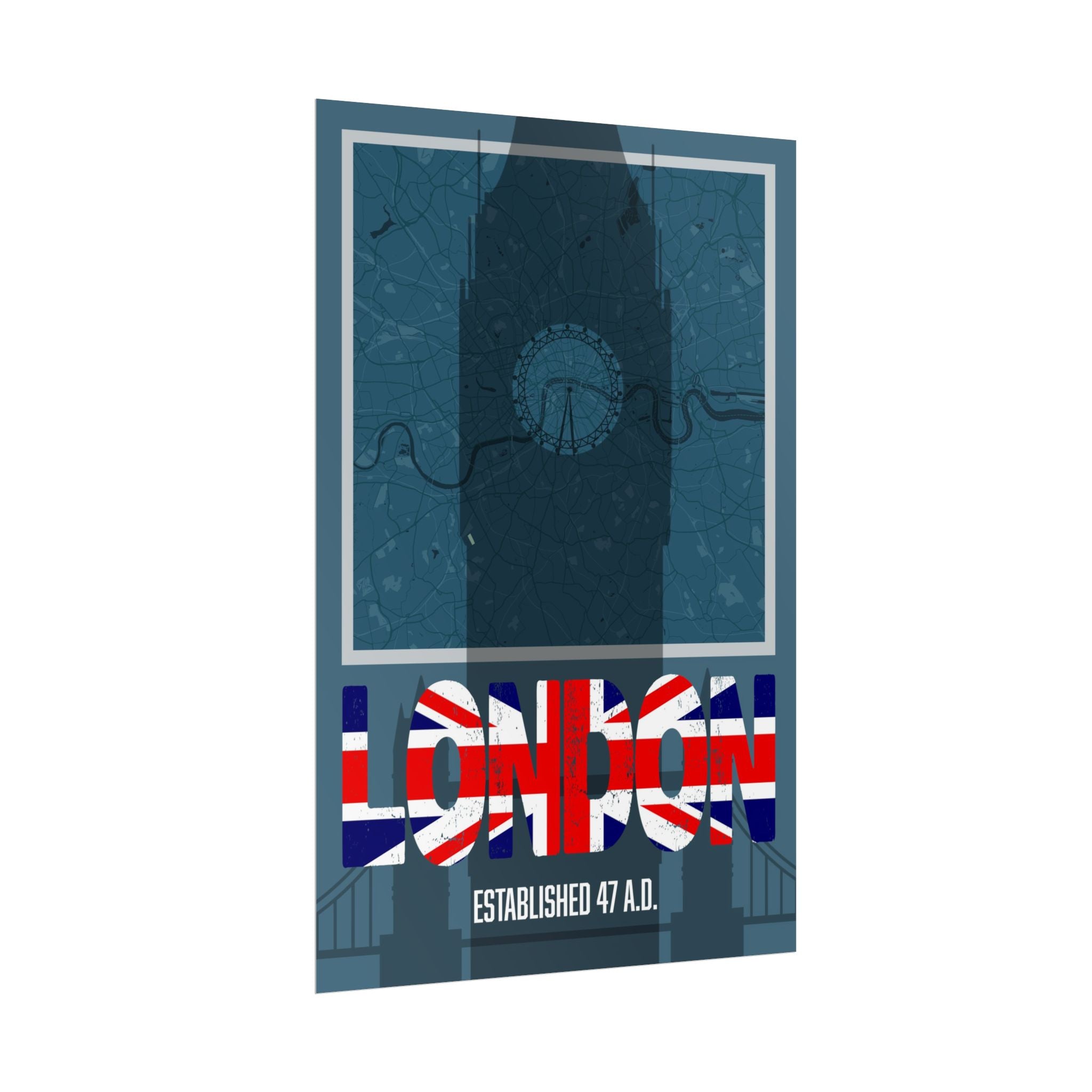 London Shadow Art Poster frontal: Union-Jack LONDON Typografie, „ESTABLISHED 47 A.D.“