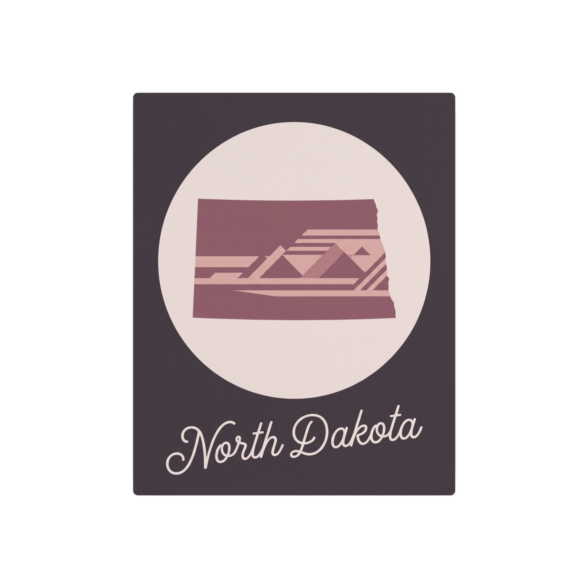 North Dakota metal wall art with circular mauve emblem and cursive 'North Dakota' lettering