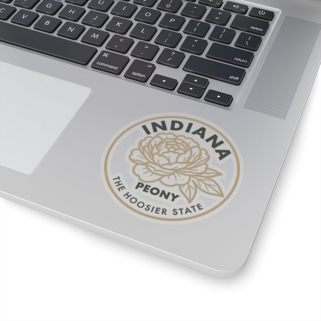 Transparent vinyl peony state sticker on laptop lid, Indiana text and flower emblem