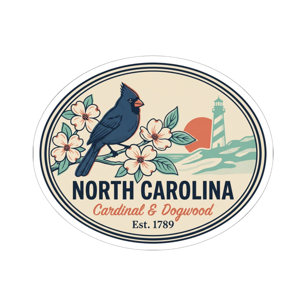 North Carolina state badge vinyl sticker with blue cardinal, blossoms, lighthouse, and ribbon text